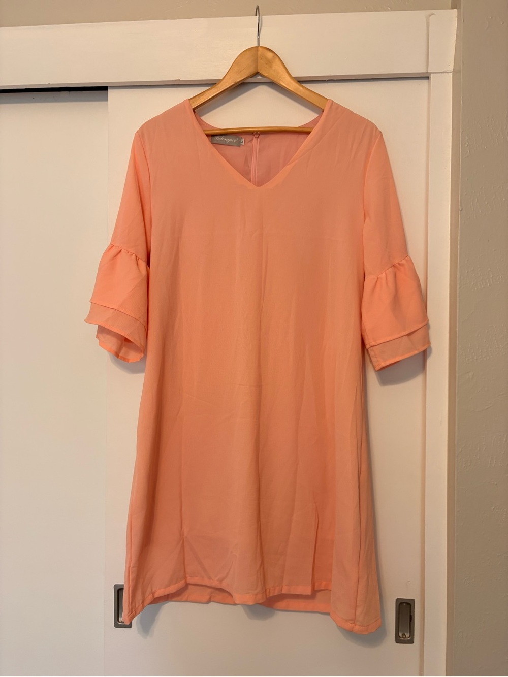 Women's Peach V-Neck Ruffle Sleeve Mini Dress